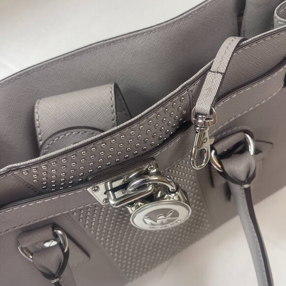 Michael Kors Hamilton EW Micro Stud Stripe Grey Leather Handbag - Picture 2 of 12